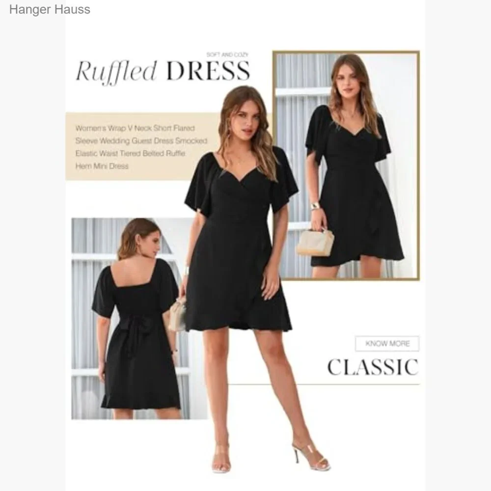 Wrap V Neck Flared Sleeve Smocked Waist Tiered Mini Dress Wedding Guest_5